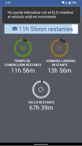 Pantalla de bloqueo que muestra las mejoras en el seguimiento del tiempo de conducción restante, la jornada laboral restante y el ciclo restante en horas